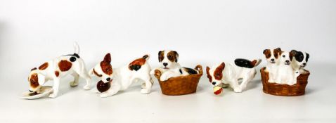 Royal Doulton dog figures to include puppies in basket, dog with plate, dog with ball , puppy in