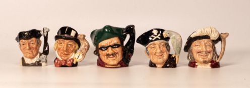 Royal Doulton Miniature Character Jugs Dick Turpin, Porthos, Mad Hatter, Long John Silver &