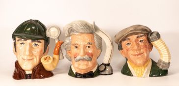 Royal Doulton Large Character Jugs The Busker D6775, Mark Twain D6654 & The Sleuth D6631(2nds)