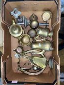 A collection of brass items including fireside set, teapot, mugs, beakers candlesticks etc