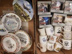 A mixed collection of items to include five boxed Aynsley railway mugs, decorative wall plates,