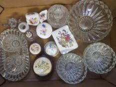 A mixed collection of pressed glass bowls & pots, Crown Devon floral Decorated items etc