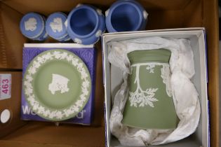 A small collection of Wedgwood Jasperware items to include small Sage Green vase and pin dish (