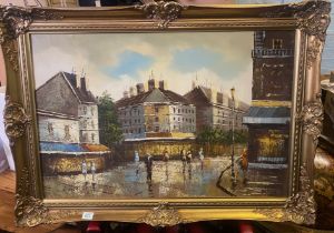 Large Oil on Canvas Painting of a Continental Street Scene in Ornate Gilt Frame. Overall Sixe