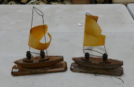 Mid Century Wooden Sailing Boat Table Lamps, largest length of base 39cm(2)