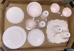 Tuscan mid century pink and gold tea set comprising of 6 cups, 6 saucers, 6 side plates, milk jug,