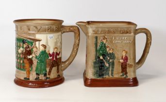 Royal Doulton Raised Relief Jugs Oliver Asks for More & Oliver Twist, tallest 15cm(2)