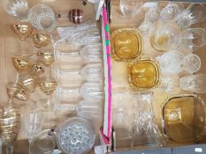 A mixed collection of Glassware items to include Amber glass dessert set, Crystal Vase, guilded