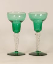 Pair Mid Century Green Glass Candlesticks, height 15.5cm(2)