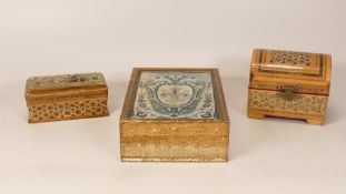 Three items of treen to include two small inlaid middle eastern boxes and one Italianate lidded