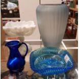 Four Glass Items to include a Ribbed Art Glass Vase with Ground Pontil Mark, Milk Glass Comport,