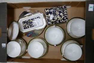 Five Royal Grafton twin handled soup bowls and saucers, Wedgwood cornucopia pin dish and a wall