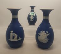 Wedgwood Dip Blue Jasperware Vases (1 chipped) Height of tallest 21.5cm (3)