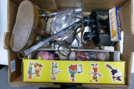 A mixed collection of items to include Boxed Pelham Puppet, WW2 era Primax Deraisme Binoculars,