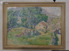 Large Framed Oil on Canvas depicting rural landscape with cottages, rolling hills and mountainous