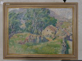 Large Framed Oil on Canvas depicting rural landscape with cottages, rolling hills and mountainous