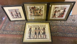 A collection of framed Egyptian themed papyrus prints, size of largest 98cm x 76cm (5).