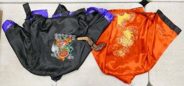 Two Chinese Satin Embroidered Dressing Gowns together with a Chinese Women's Folding Fan Sun Hat (3)