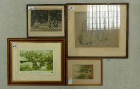 Four Framed and Glazed Artworks; to include a Le Blond Print 'Hop Garden with Pickers (Kent)',