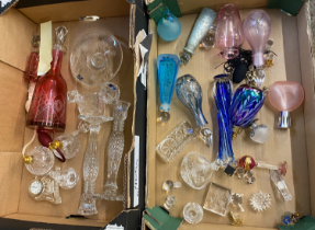 A mixed collection of glassware items to include perfume bottles and atomisers, waterford clock,