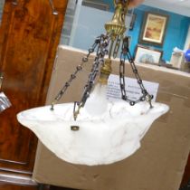 Edwardian frosted glass ceiling light with chains. Diameter of shade 40cm ( chip on top rim)