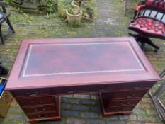 Vintage Mahogany Red Leather Topped Pedestal Writing Desk 122cm W