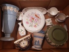 A collection of Wedgwood items to include a jasperware blue on white vase with frog, jasperware sage