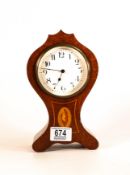 Edwardian mahogany cased balloon shaped inlaid mantle clock, 21.5cm high. Not working.