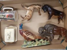 Damaged Beswick figures to include Pheasant 1225, Byson, stag together with Italian Art Glass Bull