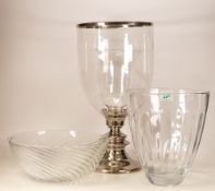 Large metal and glass candle holder, large glass vase and bowl. Height of tallest 44cm