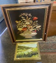 Large framed silk embroidery depicting flowers in a basket overall size 79cm x 89cm, together with a