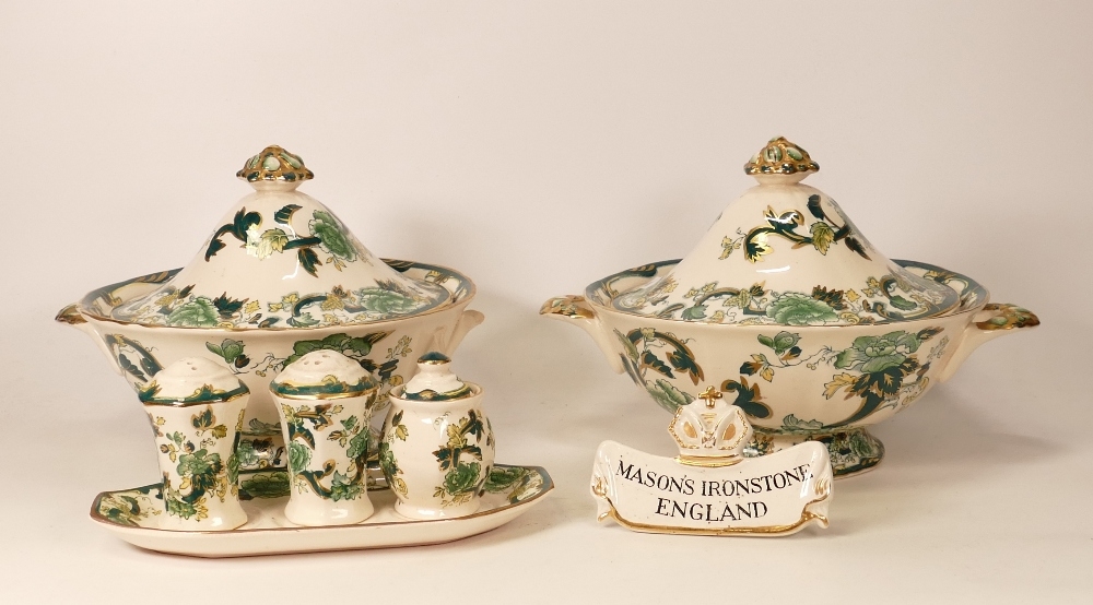 Masons Chartreuse patterned items to include tureens, name plaque, condiment set