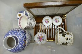 A mixed collection of items to include Wedgwood Richard Guyatt Tankards, Crown Derby & Worcester pin