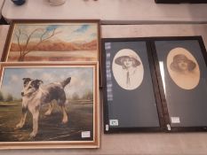 A Collection a Four Pieces of Art Work to Include Two Mid Century Framed Oil Paintings Together with