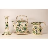 Masons Chartreuse patterned items to include Large teapot & stand, candlestick & water jug,