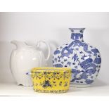 Large modern Chinese moon flask, floral decorated planter and a large white jug ( hairline crack)