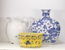Large modern Chinese moon flask, floral decorated planter and a large white jug ( hairline crack)