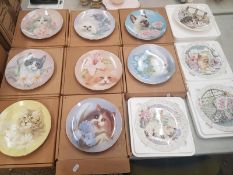 A collection of decorative wall plates, 8 Purrs and Petals series together with 4 Royal Albert