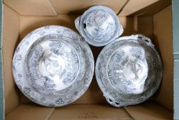 T Fell & Co dinner ware to include 3 lidded dishes, 1 platter, 11 plates together with 2 Ridgways