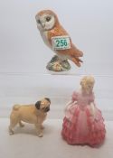 Bewsick Small Barn Owl 2026 Together With Beswick Small Pug Figure and Early Royal Doulton Figure