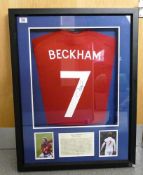 Sporting memorabilia, framed signed England shirt by David Beckham, Liaisons UK Ltd certificate of