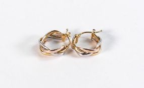 Pair of 9ct three coloured gold earrings,1.6g.