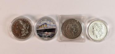 3 x US Morgan silver dollar coins - 1880, 83 & 84, together with fine silver modern US dollar 1 oz