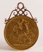 Gold Double Sovereign,Victoria,dated 1887, £2 piece with souldered 9ct gold mount, 16.4g.