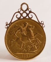 Gold Double Sovereign,Victoria,dated 1887, £2 piece with souldered 9ct gold mount, 16.4g.