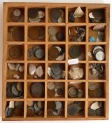 A collection of old coins from all around the world in wood display case.