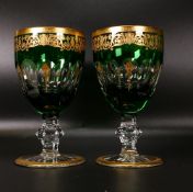 Two De Lamerie Fine Bone China heavily gilded Green Glass Goblets / Wine Glasses , specially made