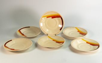 Set of Six Bizarre Clarice Cliff Art Deco Saucers, diameter 17cm(6)