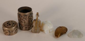 A collection of items including Chinese style white metal pot & cover, carved hardstone model of a