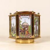 Staffordshire enamels hexagonal clock with scenes of london. Height 8cm, Boxed